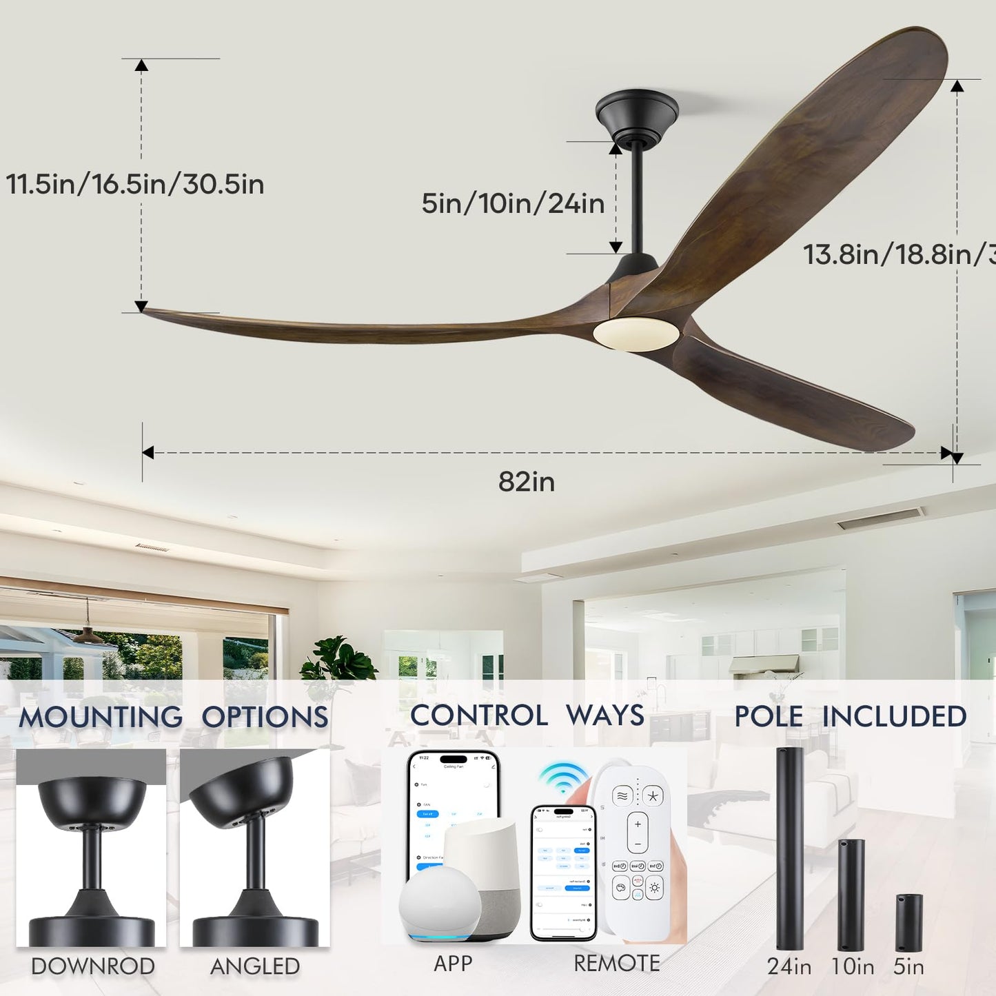 XCWIIE 82 Zoll Deckenventilator mit Licht Outdoor Feuchtigkeitsbeständig 3 Holzflügel Smart Ventilator Terrasse groß 203 cm