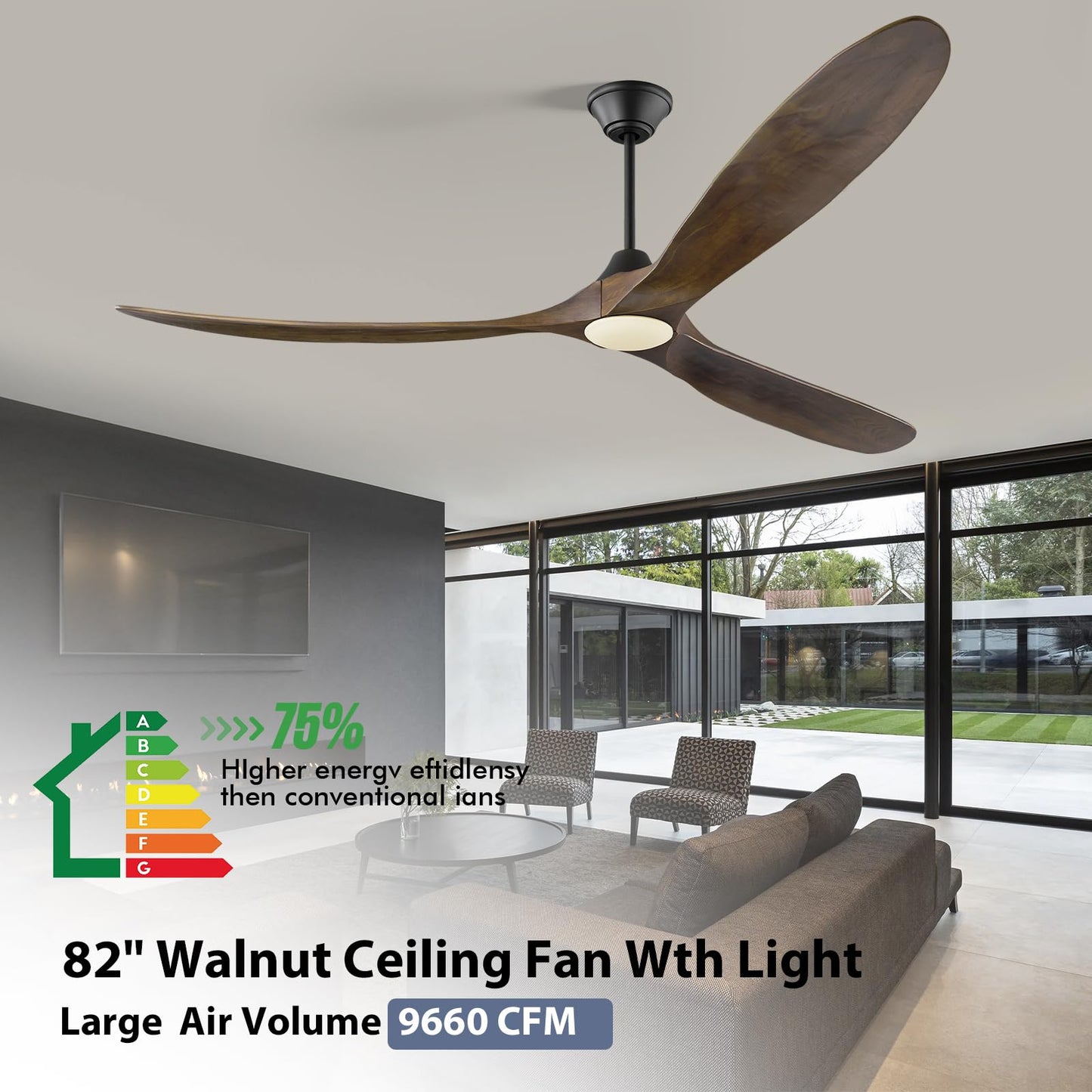 XCWIIE 82 Zoll Deckenventilator mit Licht Outdoor Feuchtigkeitsbeständig 3 Holzflügel Smart Ventilator Terrasse groß 203 cm