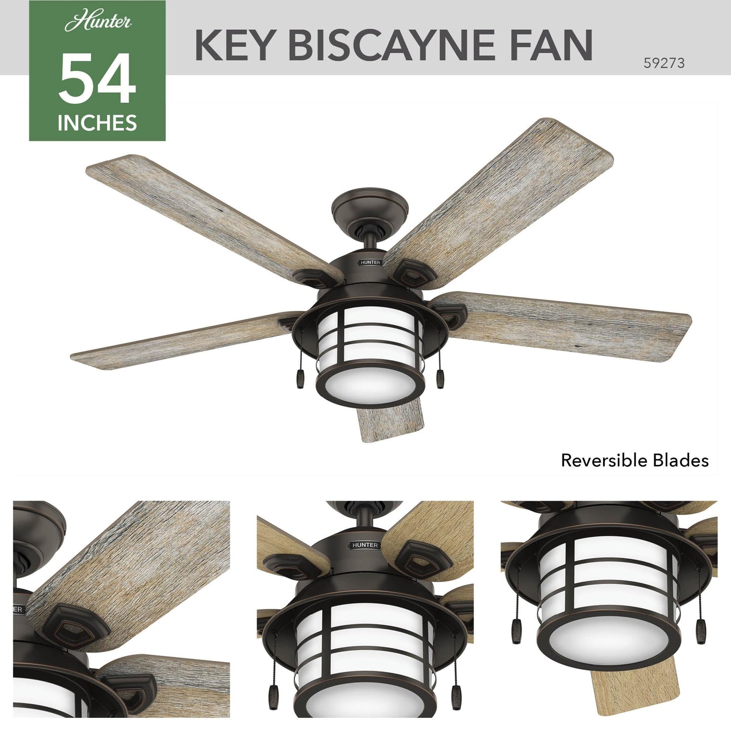 Hunter Fan Company, 59273, 54 inch Key Biscayne Onyx Bengal Indoor/Outdoor Ceiling Fan with LED Light Kit and Pull Chain