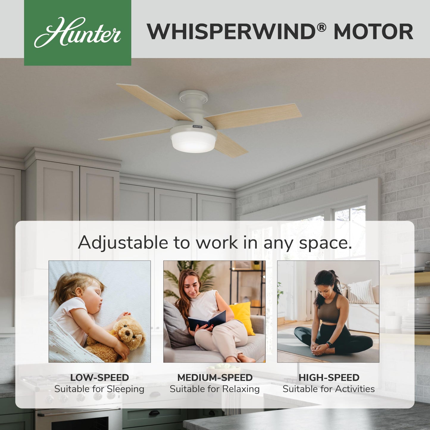 Hunter Fan Company Hunter 59242 Dempsey Deckenventilator für den Innenbereich, niedriges Profil, mit Licht, Weiß