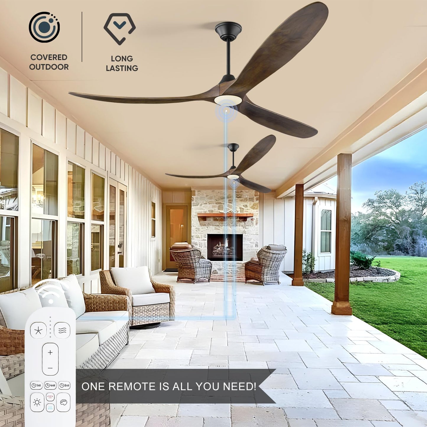 XCWIIE 82 Zoll Deckenventilator mit Licht Outdoor Feuchtigkeitsbeständig 3 Holzflügel Smart Ventilator Terrasse groß 203 cm